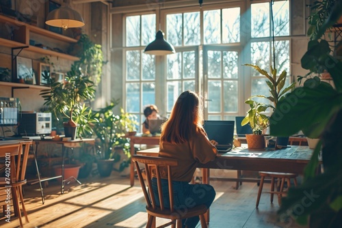 A woman working at her home office, surrounded by beautiful furniture, a large window, and a houseplant, sipping coffee at her stylish coffee table while wearing trendy clothing, creating a serene an