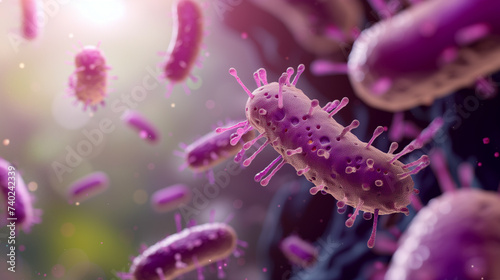 3D illustration of bacteria cells in a microscopic view with a vibrant, colorful background. © Another vision