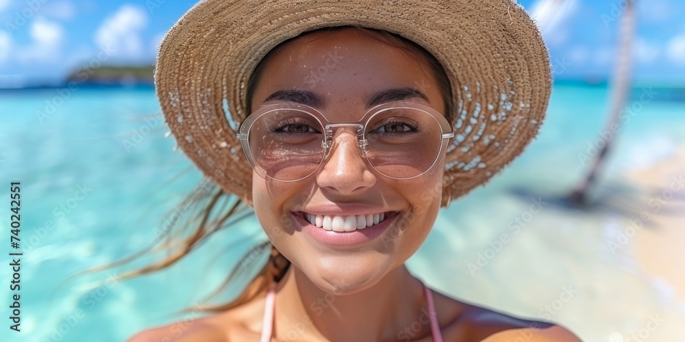 A Joyful Woman in Chic Beach Attire Enjoys the Perfect Tropical Getaway, Generative AI