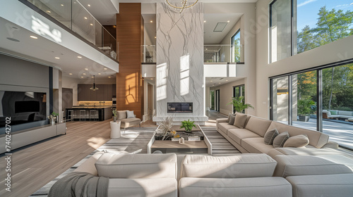 Modern living room with large windows, high ceilings, and luxury furnishings.