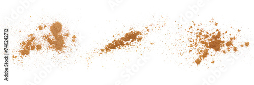 Set cinnamon powder scattered isolated on white, texture, macro 