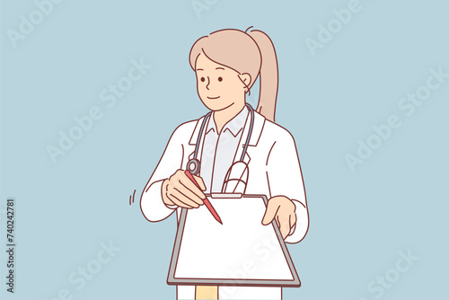 Woman doctor with clipboard in hands wants to get patient signature with permission for surgery