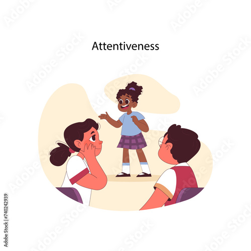 Attentiveness concept. Energetic black girl shares story, captivating peers