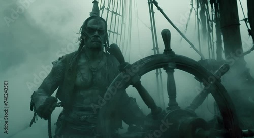A weatherbeaten pirate, bearing a large anchor tattoo on his forearm, stands at the wheel of a ship amidst dense fog, while the haunting melody of a distant siren fills the air.
 photo