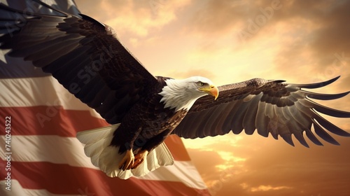 Bald eagle flies against American flag background. © hamad