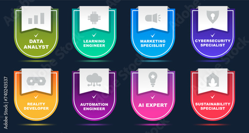 A set of gradient shields with icons for specialists of different smart professions, design for business