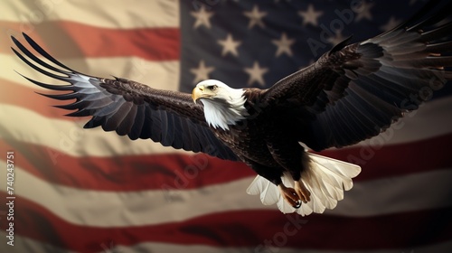 Bald eagle flies against American flag background.