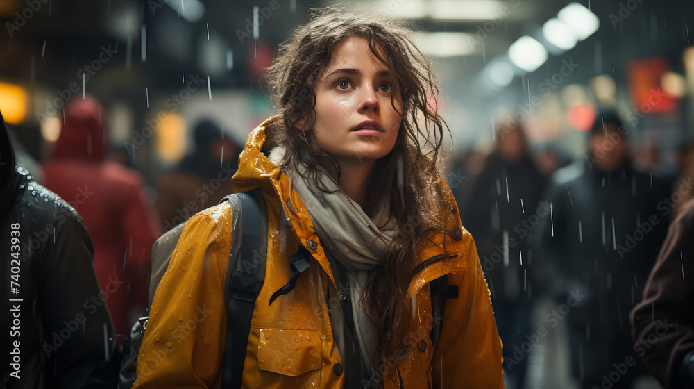 Urban scene with people in raincoats going through the rain, railway station on background Urban scene with people in raincoats going through the rain, railway station on background