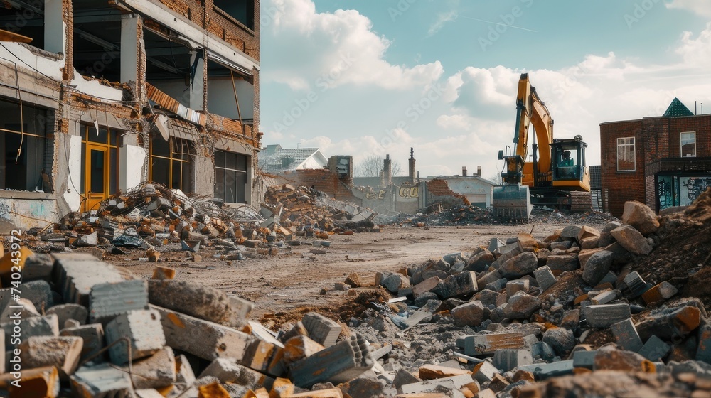 recovery and recycling of concrete rubble on a construction site after the demolition of a brick building. recovery and recycling of concrete rubble on a construction site after the demolition of a brick building.