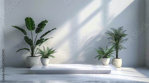 Botanical Display Elegance - White minimalist product stage with tropical plant accents