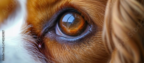 A detailed view of the eye of a Cavalier King Charles Spaniel, showcasing its unique features and colors. © AkuAku