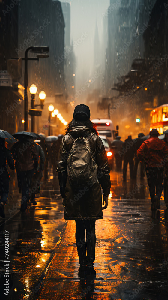 Urban scene with people in raincoats going through the rain.