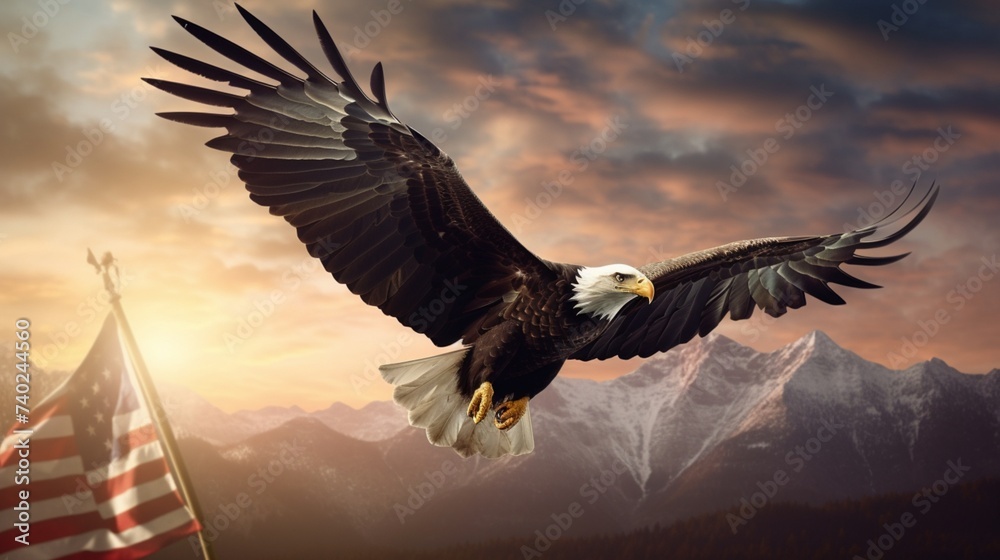 Obraz premium eagle flying in the sky holding an american flag in its talons.