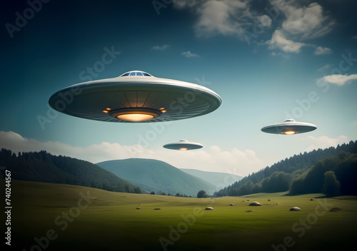 Three alien UFO - unidentified flying object - or UAP - unidentified anomalous phenomena flying over a field. 