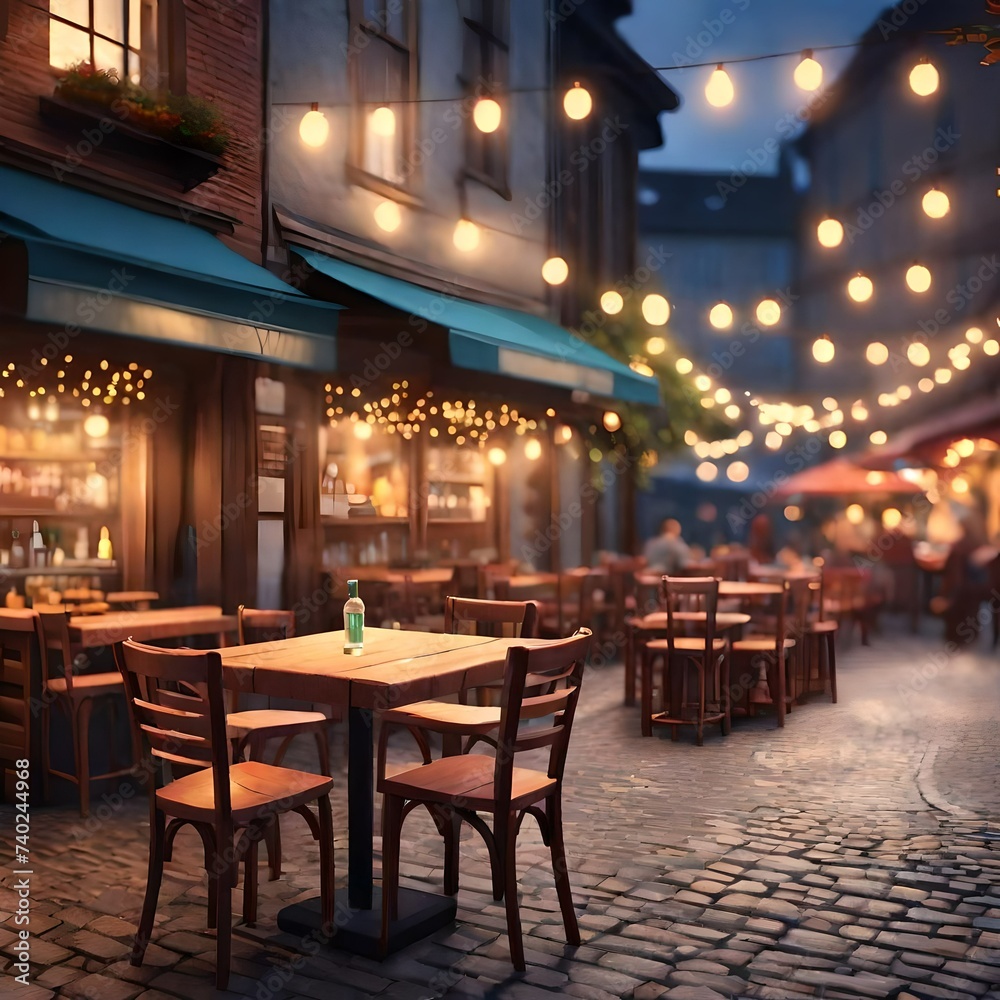 Evening bokeh scene of an outdoor street bar, with vibrant lights illuminating the rustic wooden tables and chairs