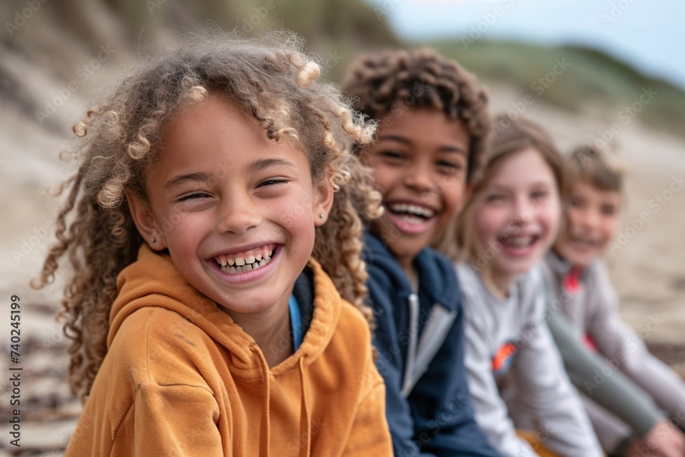 A cheerful group of youngsters in colorful beach attire bask in the warm sun, beaming with pure joy and playfulness on the sandy shore A cheerful group of youngsters in colorful beach attire bask in the warm sun, beaming with pure joy and playfulness on the sandy shore