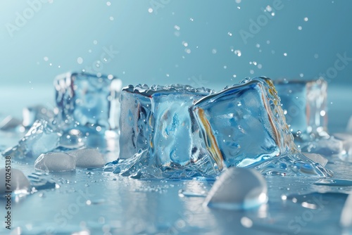 frozen transparent ice cubes blue background photo