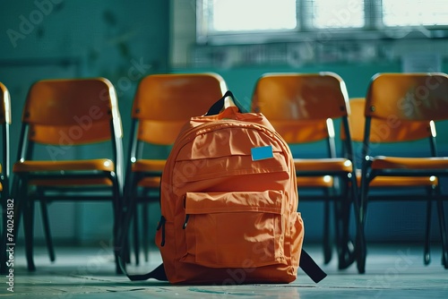 Vibrant orange backpack filled with school supplies Set against a classroom backdrop Emphasizing the excitement and preparation for a new academic year