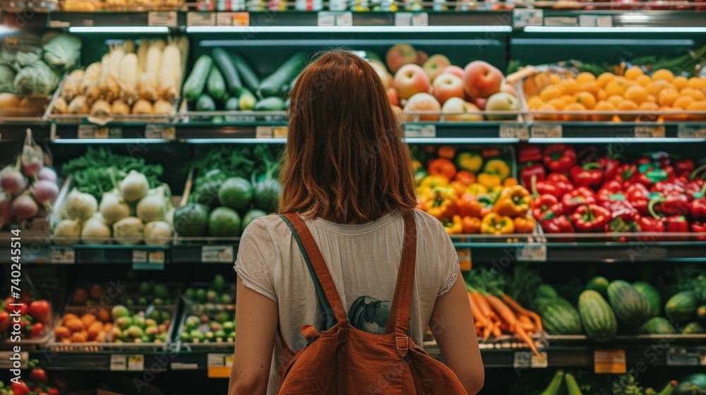 a woman looking at shelf of fruits