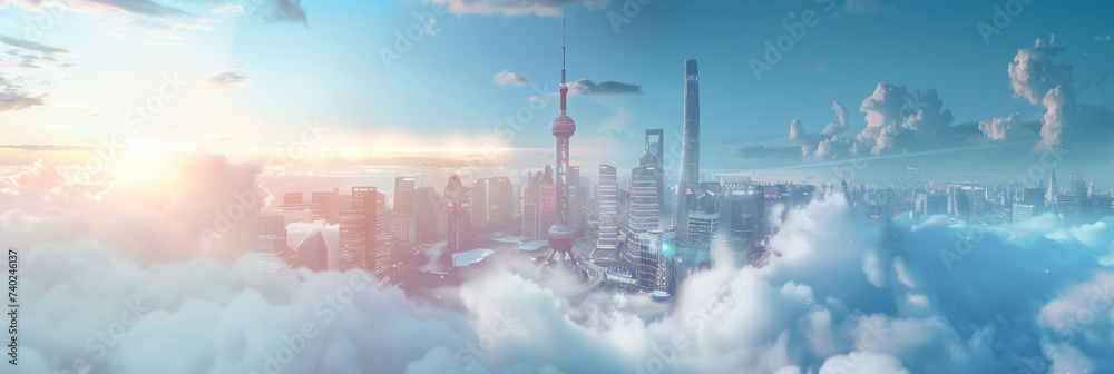 Cloudy Urban Dreamscape - A sweeping view of a city blanketed by soft clouds during sunrise Cloudy Urban Dreamscape - A sweeping view of a city blanketed by soft clouds during sunrise