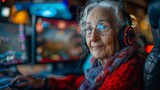 Senior Gamer with Headset - Elderly woman immersed in an exciting gaming session with focus and determination