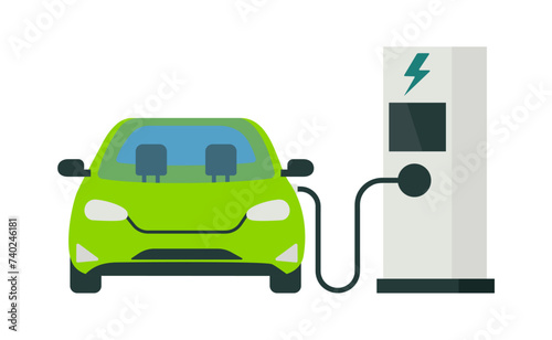 Modern electric smart suv car charging parking at the charger station with a plug in cable. Isolated flat vector concept