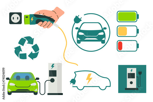 Modern electric smart suv car charging parking at the charger station with a plug in cable. Isolated flat vector concept