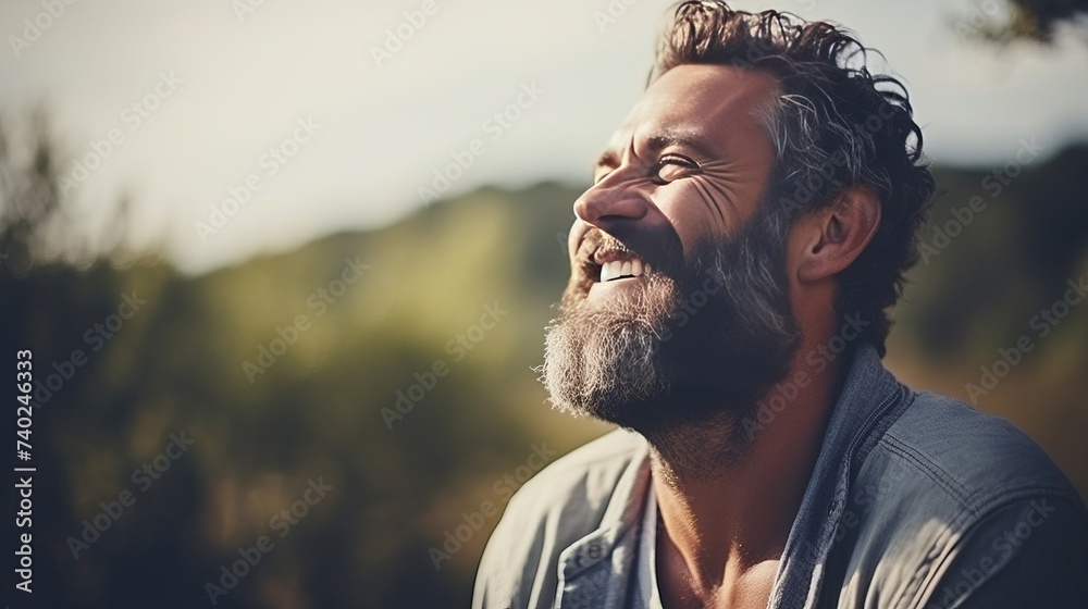 Mature man smiling. Mental health concept. Happiness, joy, thinking positive, having good thoughts in mind. - obrazy, fototapety, plakaty 