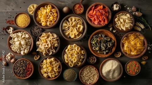 Different kinds of pasta on grey wooden table © Nabeel