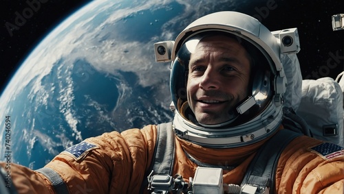 POV Selfie of a Man in a Space Suit Talking on a Video Call in Outer Space While Holding on to a Satellite. Astronaut Chatting with Family, Friends or Work Colleagues on a Phone App