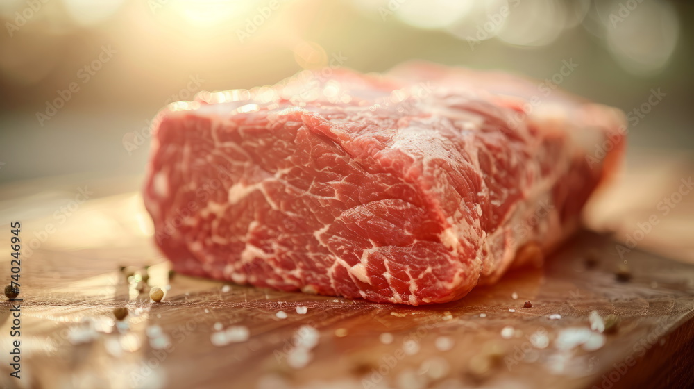 Prime Cut Grass-Fed Beef - Gourmet raw steak basking in the sunlight on a wooden board.