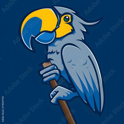 A logo illustration of a parrot with cane on blue background.