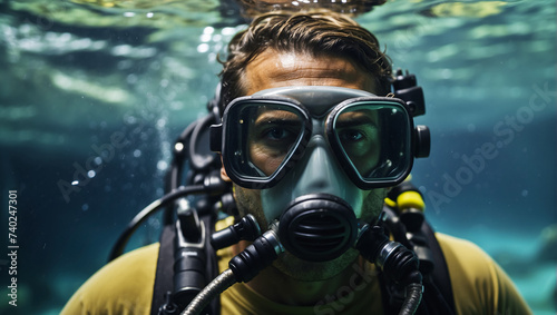 Man is scuba diving or snorkeling. Portrait closeup. Copy space © Svetlana