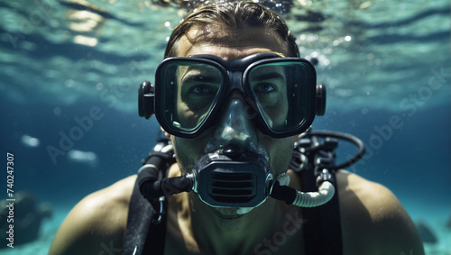 Man is scuba diving or snorkeling. Portrait closeup © Svetlana