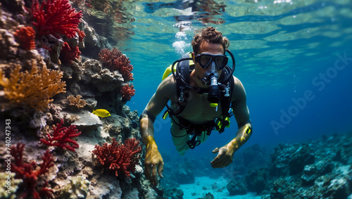 Man is scuba diving. Underwater exploration. Swimming in mask with snorkel. Beautiful corals