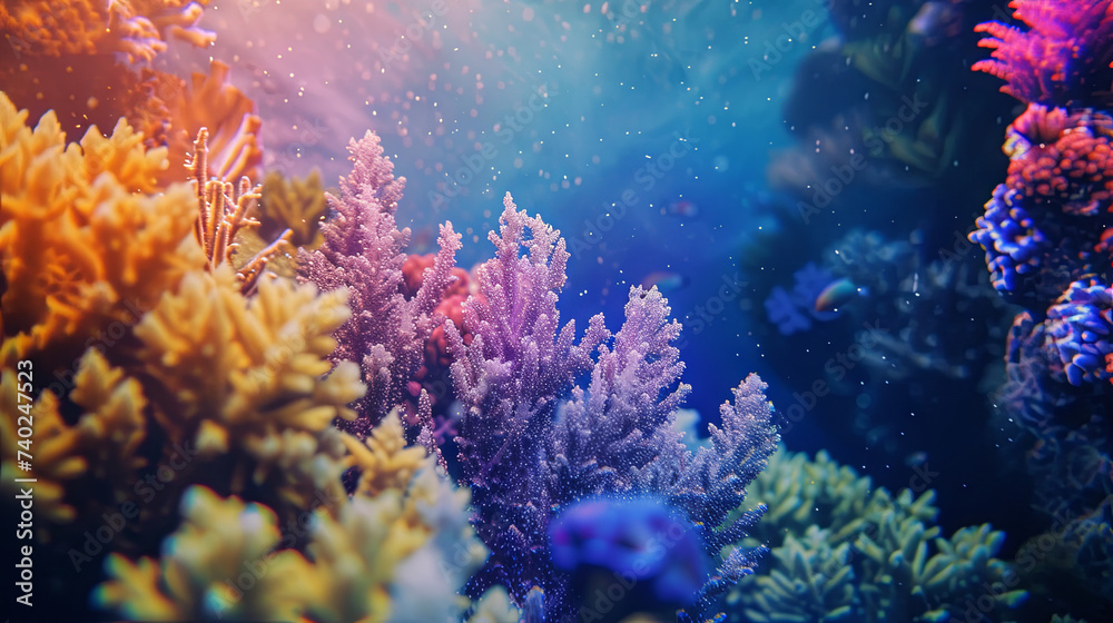 Colored corals at the bottom of the sea, marine background