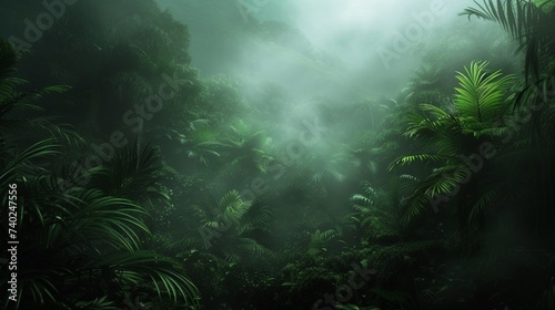 Exotic foggy forest Jungle panorama forest oasis Foggy dark forest Natural forest landscape 3D illustration photo
