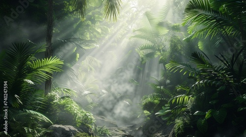 Exotic foggy forest Jungle panorama forest oasis Foggy dark forest Natural forest landscape 3D illustration