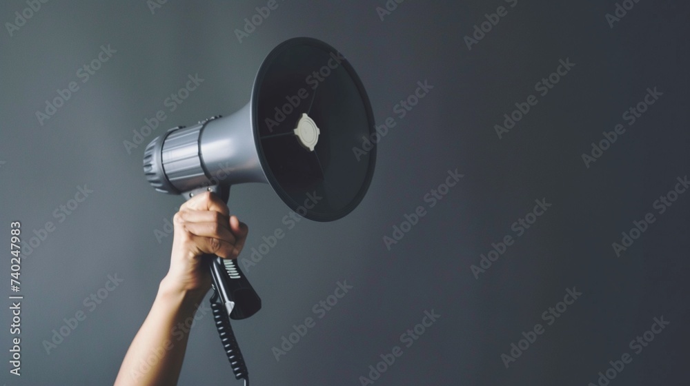 Female hand holding megaphone on grey background - obrazy, fototapety, plakaty 