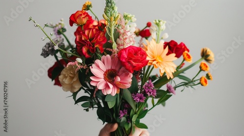 Female hand holding beautiful flower bouquet on white background