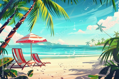 Tropical beach with sunbathing accessories, summer holiday background