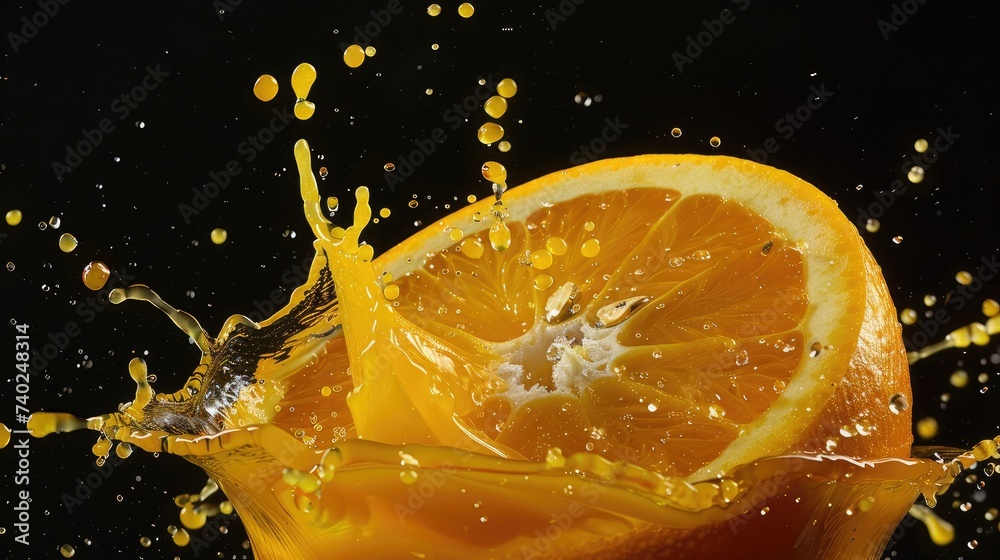 Dynamic composition featuring orange juice splashes and pours from an isolated orange, emphasizing the liquid motion and tropical flavor. - obrazy, fototapety, plakaty 