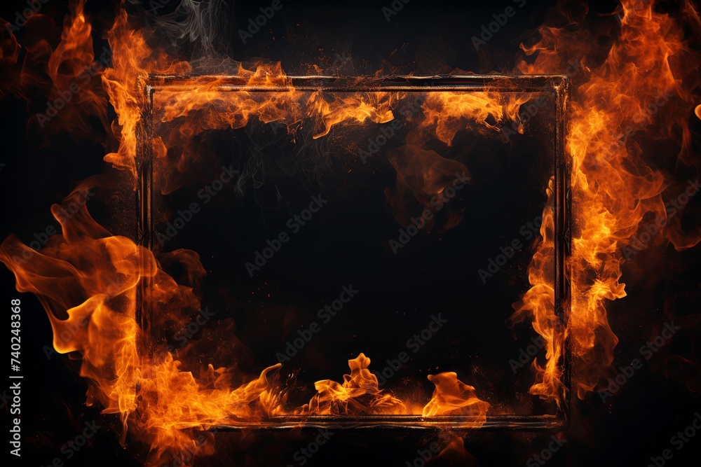 Empty Fire flames border isolated on black background - obrazy, fototapety, plakaty 