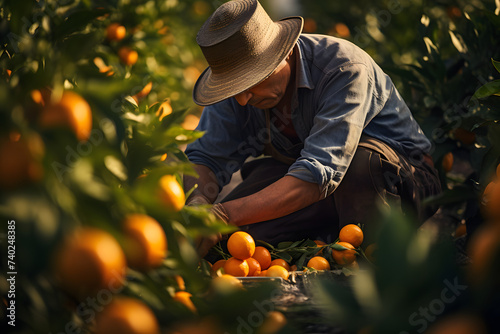 Man working on a orange farm harvesting orangess from a tree photo