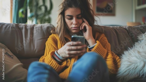 A thoughtful young woman sitting on a sofa, using her mobile smartphone with a concentrated expression photo