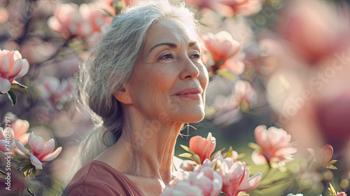 Portrait of a gray-haired beautiful woman in the spring garden