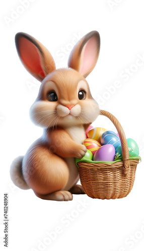 Illustration of cute bunny holding a basket full of colorful easter eggs