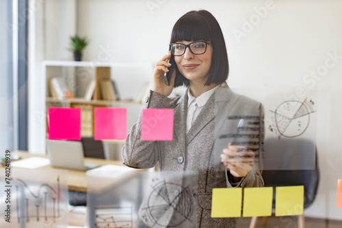 Pensive businesswoman talking on phone while analyzing growth of charts on glass board at modern office. Concept of business strategy and digital marketing.