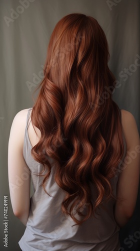 Rear view of a girl with flowing long brown hair, care and hair care concept