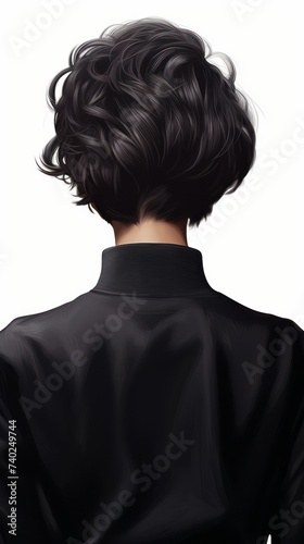 Rear view of a girl with short black hair, care and hair care concept